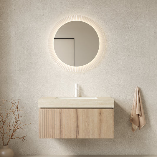 MURI 36' Bathroom Vanity&Sink, Floating Plywood Storage Cabinet with Drawer&Door, Roma Travertine Sintered Stone Top&Ceramic Basin with 1 Pre-drilled Faucet Hole, Pre-assembled, White Oak Woodgrain