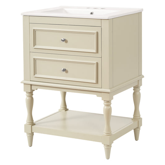 Retro Design Bathroom Vanity with Ceramic Sink, 2 Drawers Storage Cabinet, Open Shelf, Beige Ceramic & Solid Wood, 24''