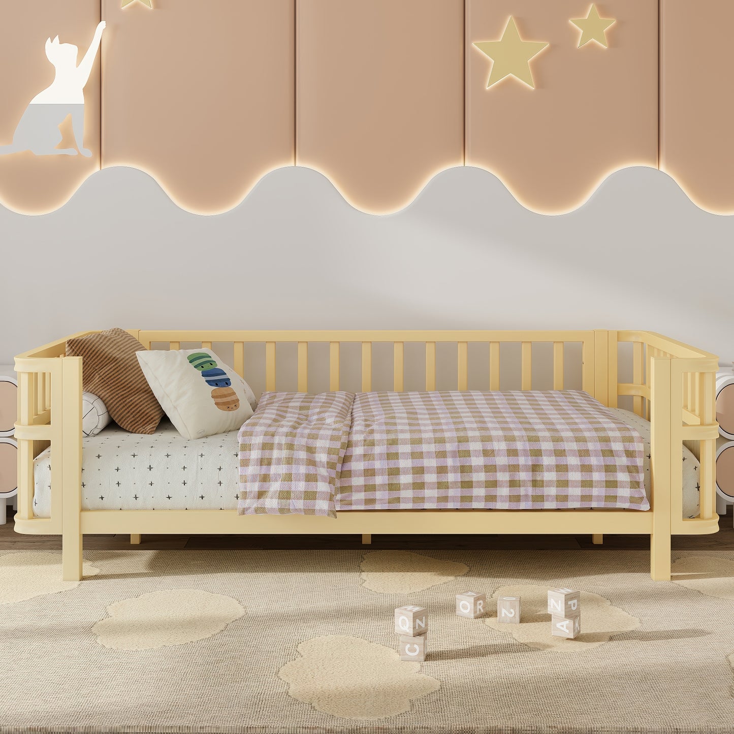 Children's double wooden platform bed with railings, a low iron double bed with railings, suitable for girls and boys, (Twin,Natural)