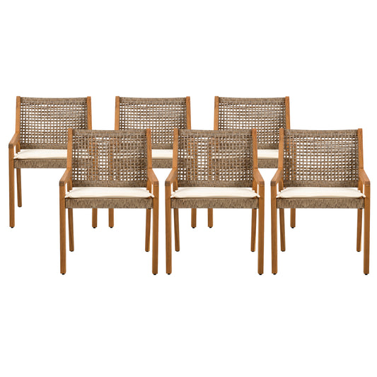 OUTDOOR DINING CHAIR SET-Acacia Wood and Wicker with Cream Cushion Patio Furniture-Teak finish & wicke Brown ,Suitable for large gatherings-set of 6(N770P272397G(3-box))