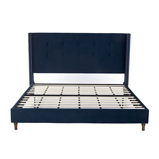 Peyton Upholstered King Bed with 54' High Headboard and Nailhead Trim Wingback in Blue Velvet, No Box Spring Needed