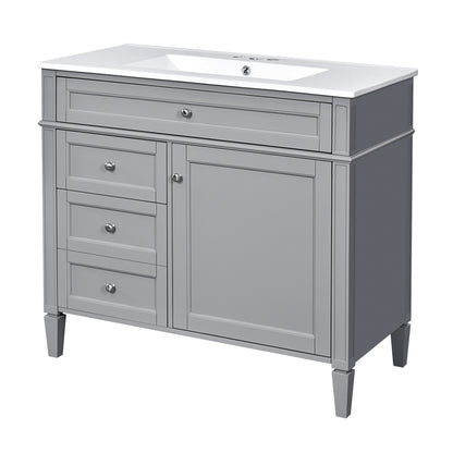 Modern Grey Bathroom Vanity with Ceramic Top Sink, 2 Drawers and Tip-out Drawer, Rectangular Storage Cabinet, 36''