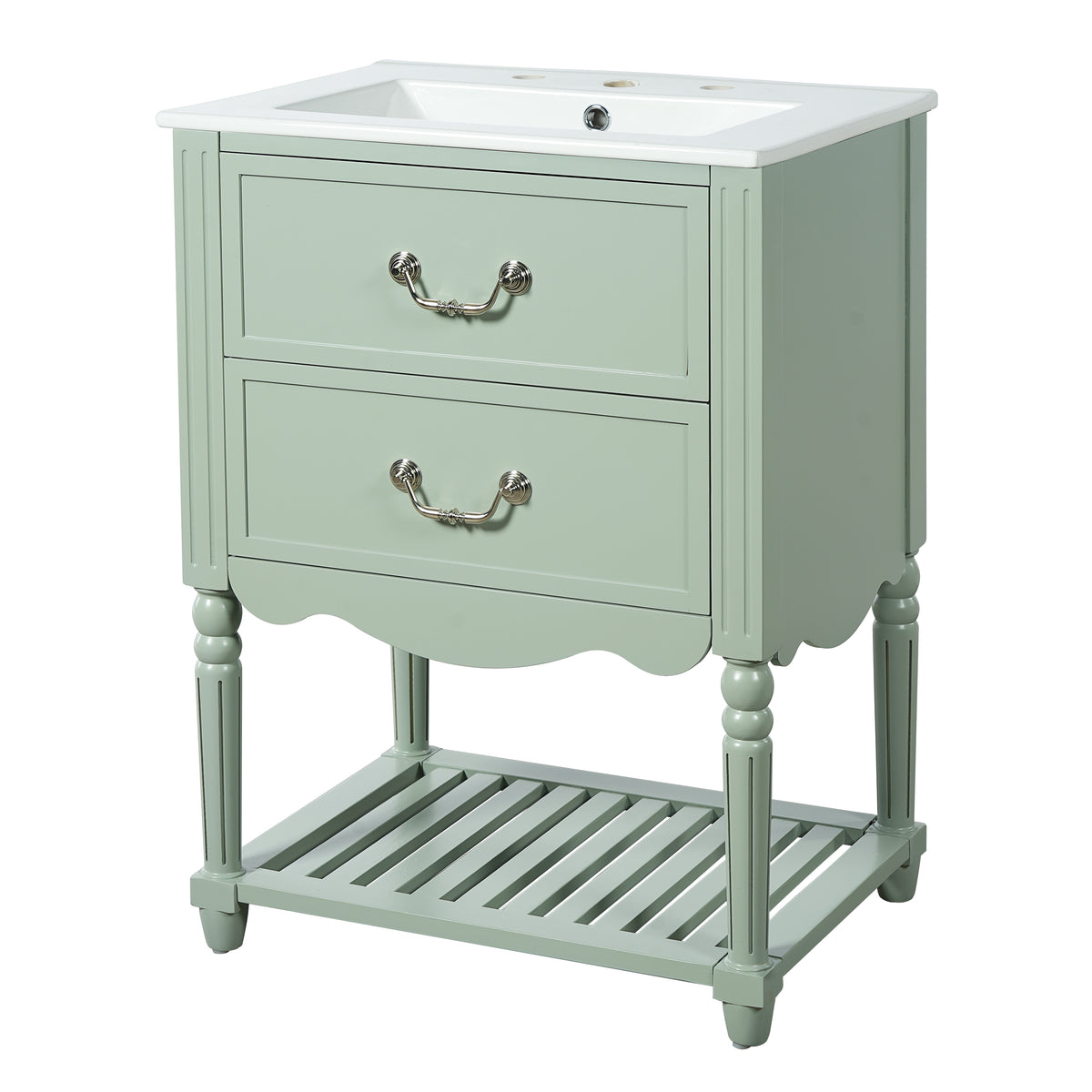 Vintage Elegant Wave Design 24'' Bathroom Vanity with Ceramic Sink, MDF & Solid Wood Cabinet, Two Drawers, Open Shelf