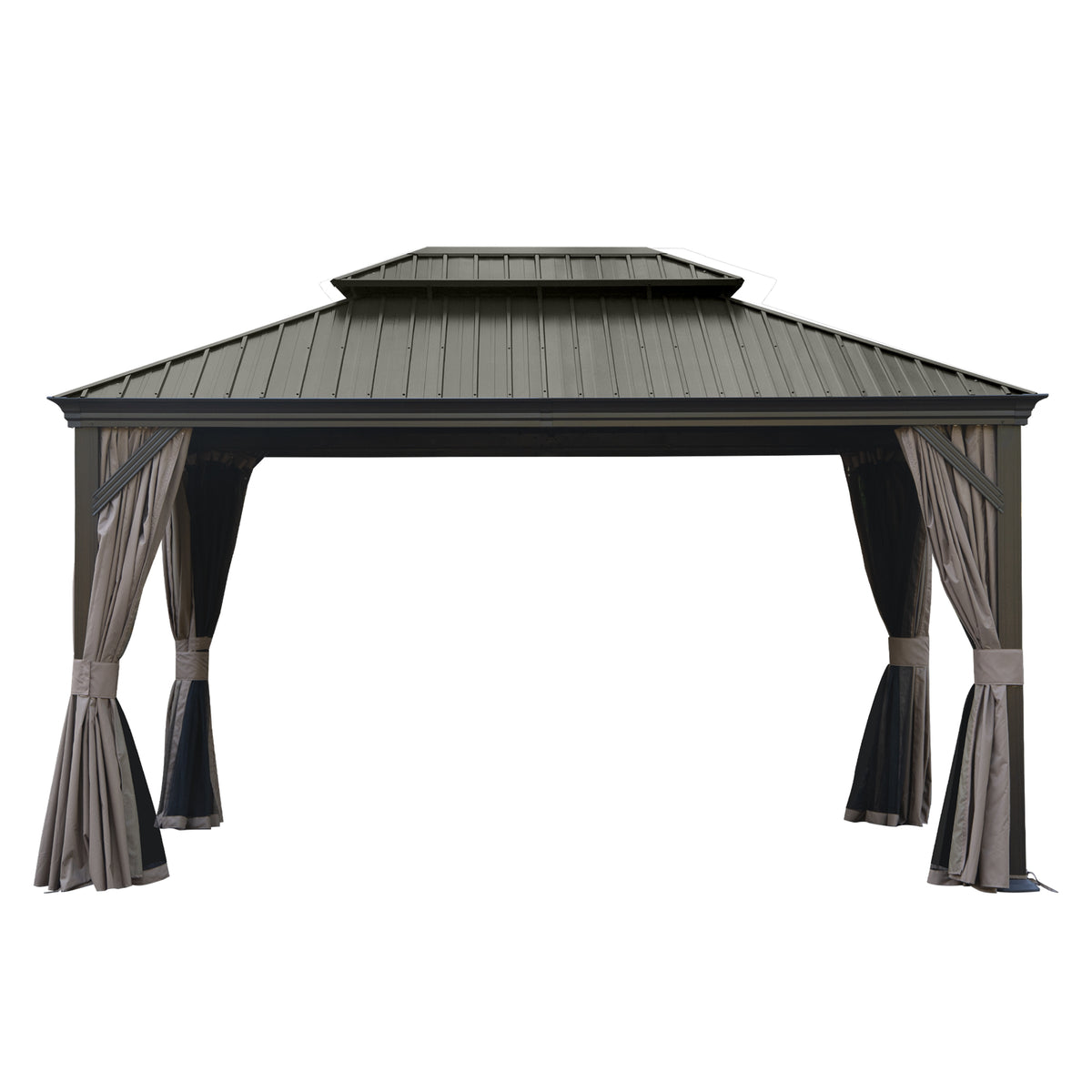 10' X 14' Hardtop Gazebo, Upgraded Metal Gazebo with Drainage System, Dual-Layer Galvanized Steel Roof, Curtain and Netting, Outdoor Shelter Canopy for Patio, Garden, and Backyard, Brown