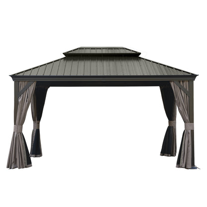 10' X 14' Hardtop Gazebo, Upgraded Metal Gazebo with Drainage System, Dual-Layer Galvanized Steel Roof, Curtain and Netting, Outdoor Shelter Canopy for Patio, Garden, and Backyard, Brown
