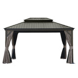 10' X 14' Hardtop Gazebo, Upgraded Metal Gazebo with Drainage System, Dual-Layer Galvanized Steel Roof, Curtain and Netting, Outdoor Shelter Canopy for Patio, Garden, and Backyard, Brown