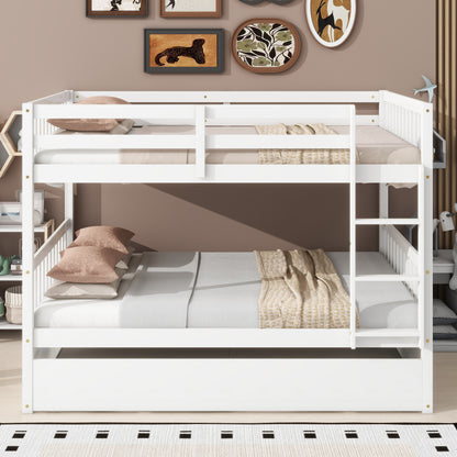 Full Over Full Rubber Wood Bunk Bed with Trundle, Ladder and Guardrails, Convertible to 2 Full Size Beds, with Twin Size Trundle,White