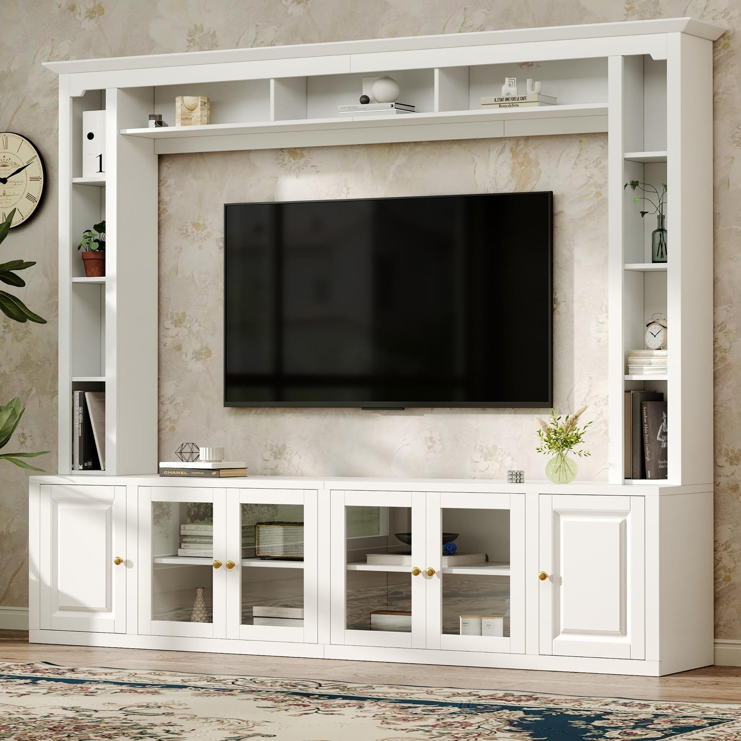 4-Piece Modern Entertainment Center Wall Unit with Bookshelves, All-in-1 Large TV Stand with Tempered Glass Door for TVs Up to 80', 92inch Media Console with Adjustable Shelves for Living Room, White