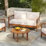 2 Pieces Acacia Wood Patio Furniture Set, Outdoor Unique Tub Design Loveseat with Woven Rope Table, Deep Seating with Soft Cushions for Porch, Garden, Backyard, Balcony, Teak Finish & Beige Cushion