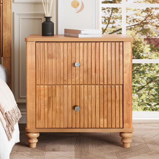 Fluted Nightstand, 21.65' Wide Side Table with 3 Drawers, Mid Century Modern Wood NightStand with Metal Handle, Wooden Bedside End Table for Bedroom, Living Room, Closet, Natural