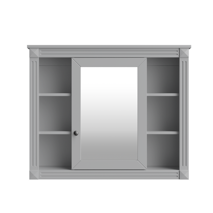 Modern Grey Wall Mounted Bathroom Storage Cabinet with Mirror, 35'' x 28'' MDF Medicine Cabinet with 6 Open Shelves and Adjustable Interior, Wall-Mounted Design