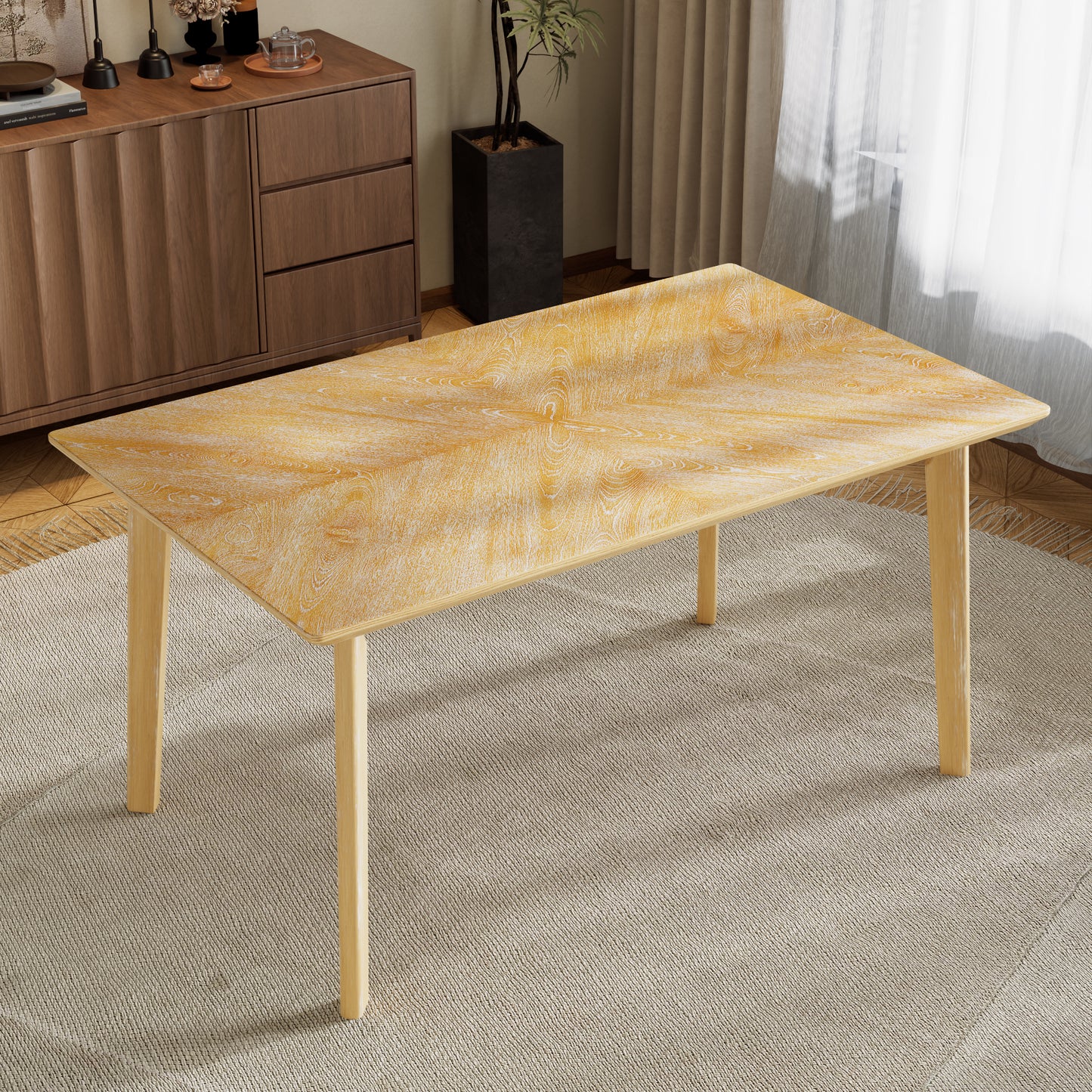 Retro Dining Table, Kitchen Room Table for 6, Minimalist Rectangular Dinette Table for Dining Room and Kitchen, Rubberwood Legs