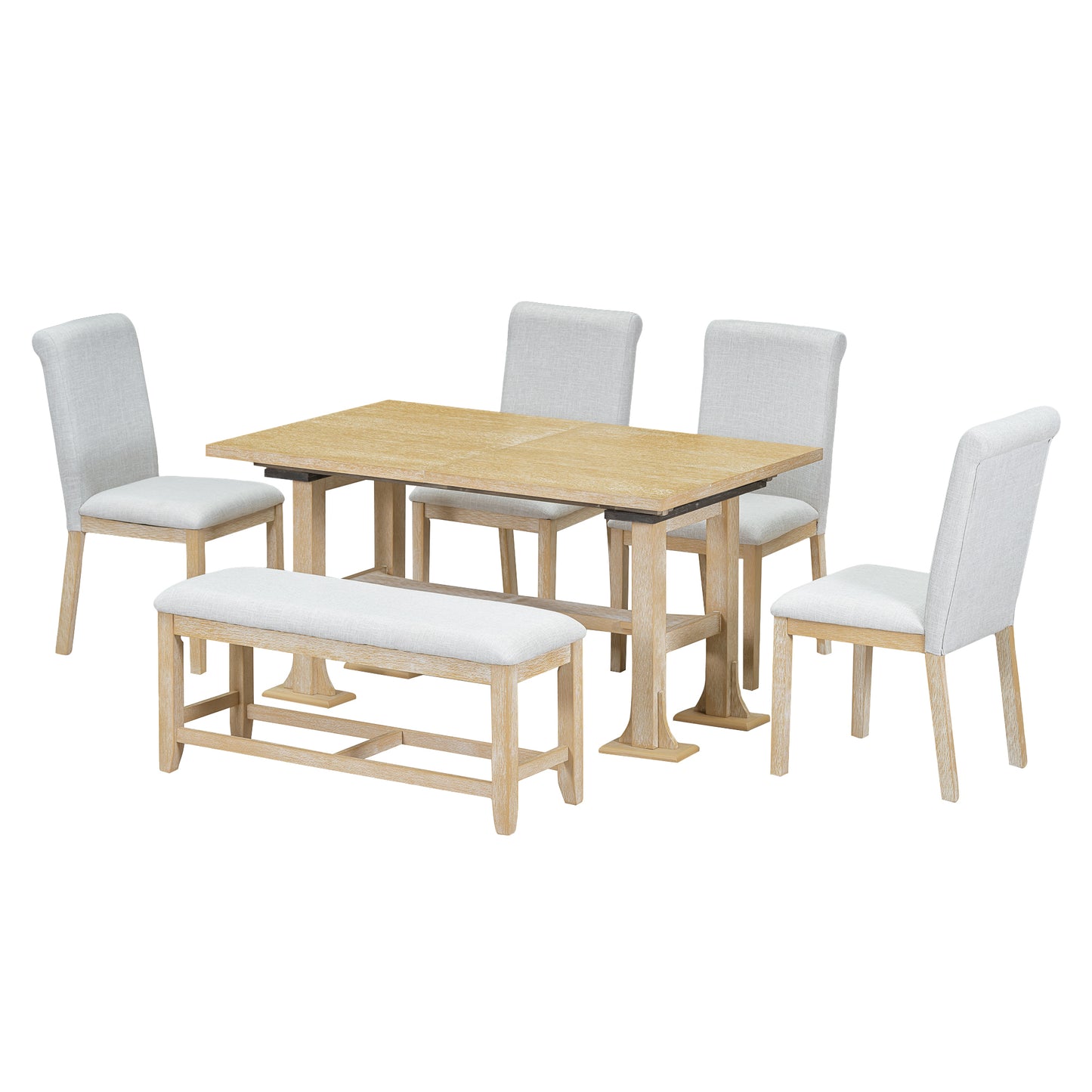 TOPMAX Farmhouse 76inch 6-Piece Extendable Dining Table Set with Trestle Base, Upholstered Chairs & Bench, Natural Wood and Light Gray Fabric
