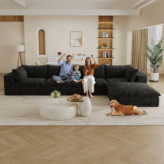 157.6'Cloud Sofa,Corduroy Fabric,Deep Seat Couches,Double-layer design,Removable  Cushion,No Assembly,DIY Combination for Living room, Bedroom,Conference room ,Apartment,Black