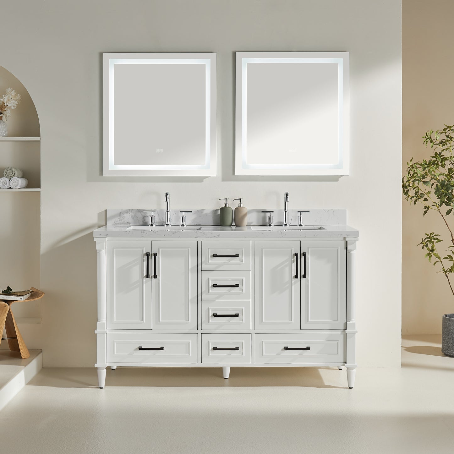 Fully Assembled 60'' Freestanding Double Bathroom Vanity with 2 Handle Sets