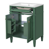 Modern Green Bathroom Vanity with 2 Doors and Tip-Out Drawer, Ceramic Sink Storage Cabinet, Soft-Closing Hinges, Solid Wood Frame, 24'