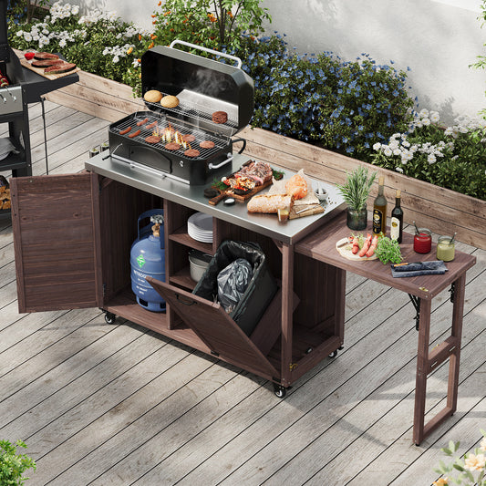 K&K 78.3' Outdoor Kitchen Island with Foldable Grill Table, Wooden Outdoor Grill Cart with Trash Can Storage & Stainless Steel Top, Outdoor Bar Cart, Pizza Oven Table for Lawn & Garden, Dark Brown