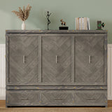 Queen Size Murphy Bed, Pine Wood Cabinet Bed with Built-in USB Charging Station and Geometrical Decoration Panel ,Grey