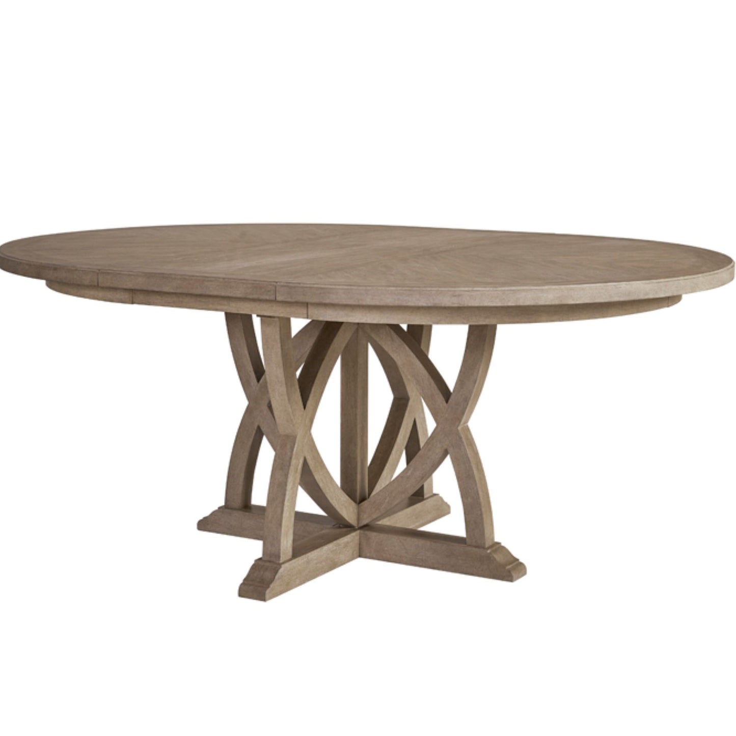 Sand Finish Round Expandable Dining Table with Mindi Veneers and Solid Wood Construction