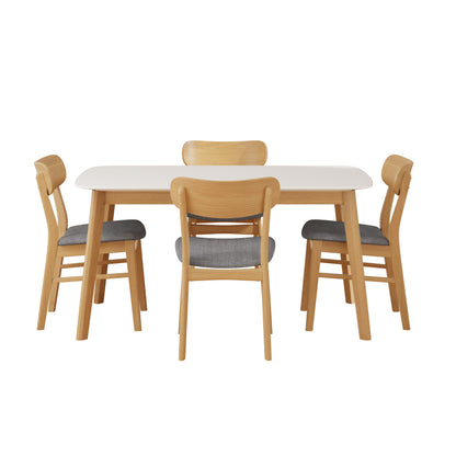 Mid-Century Modern 5-Piece Dining Set with Solid Wood Frame Table and Upholstered Chairs in White Oak + Dark Grey