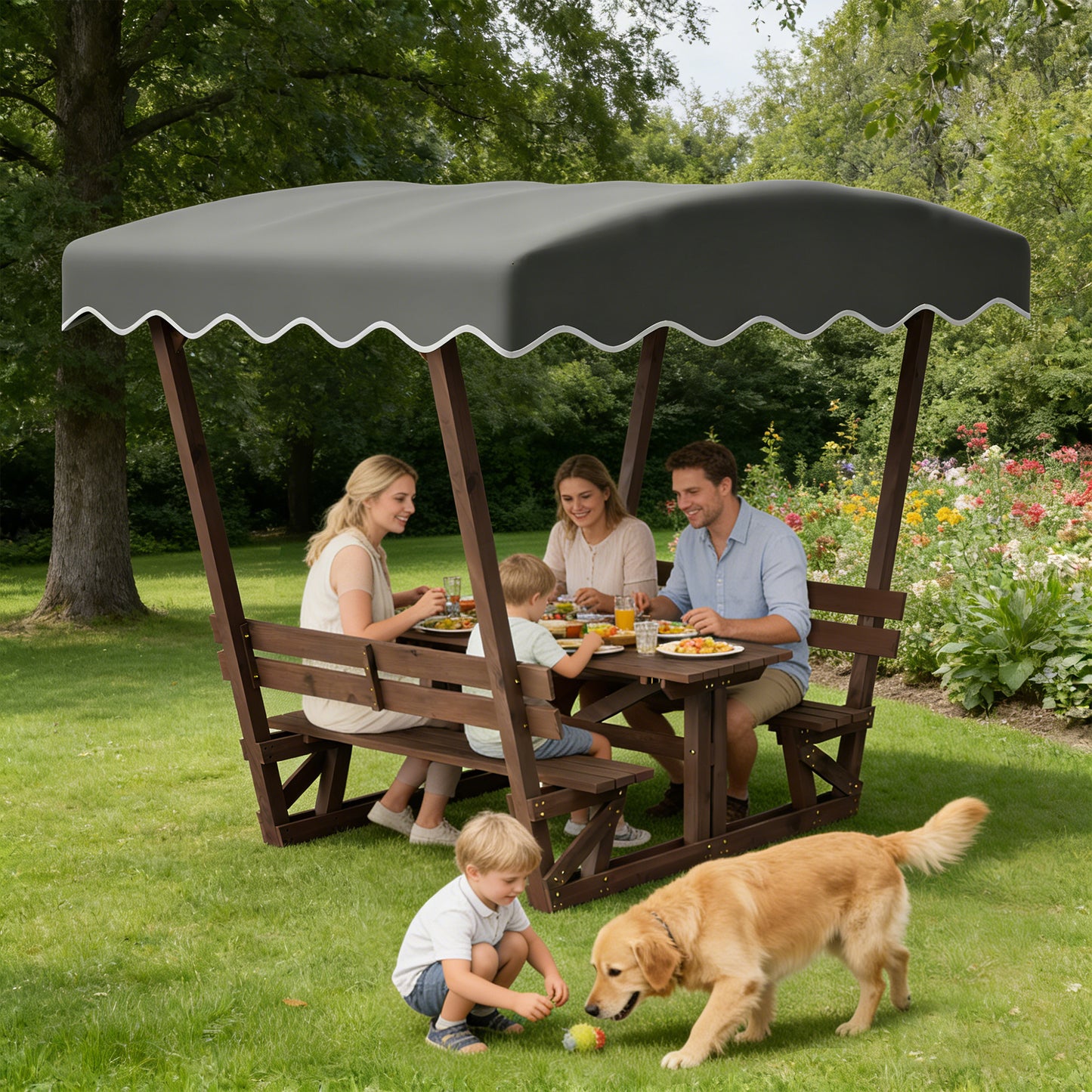 5'x3' Wooden Gazebo for Patio Garden, Outdoor Canopy with Waterproof Oxford Top, Bench with Backrest, Breathable Tabletop & Rust-Resistant Frame, for Park Beach Deck, Brown