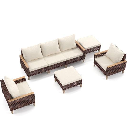 High Footed Rattan Terrace Furniture Set with Cushions, 5 Pieces, 7 Seats, White, Cotton and Rattan