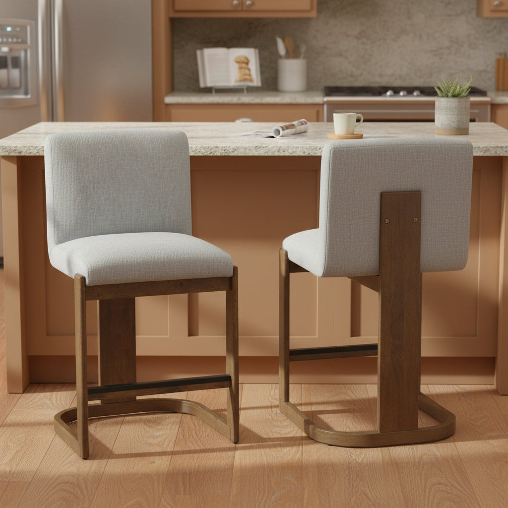 Modern Bar Stools Set of 2, 24' Solid Wood Counter Height Barstools, Linen Upholstered Kitchen Island Chair With Walnut-Finished Wood Legs for Home Bar Coffee Shop,Light Grey