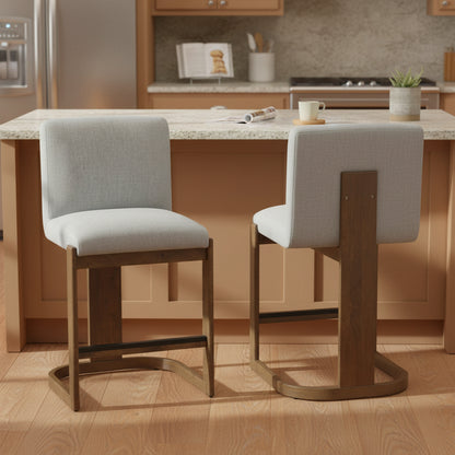 Modern Bar Stools Set of 2, 24' Solid Wood Counter Height Barstools, Linen Upholstered Kitchen Island Chair With Walnut-Finished Wood Legs for Home Bar Coffee Shop,Light Grey