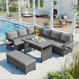 TOMAX 5-Piece Outdoor Patio Rattan Sofa Set, Sectional PE Wicker L-Shaped Garden Furniture Set with 2 Extendable Side Tables, Dining Table and Washable Covers for Backyard, Poolside, Indoor, Grey