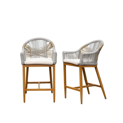 Bar Stools Set of 2 with Arm and Backrest, Outdoor Counter Height Bar Chairs with Cushion, Aluminum Tall Bar stools Modern Textilene Rope Boho Barstools for Garden, Pool, Patio, Kitchen-Rounded Backre
