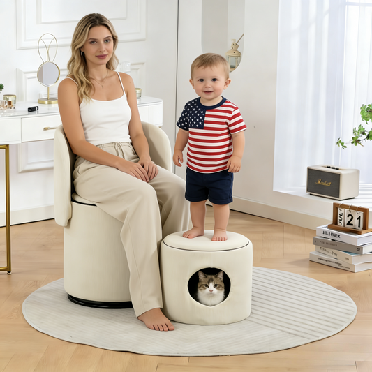 Stylish Upholstered Barrel Chair: 360° Swivel Vanity Stool for Bedroom & Dining Chair, Built-in Storage, Soft Padded Accent Seat, Multi-Functional for Dressing/Dining, Free Cat Bed Stool Included
