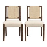 Upholstered dining chair with woven rope backrest Set of 2-walnut+Beige