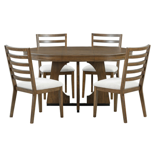 TREXM Retro Round Dining Table Set for 4 with Chairs, Extendable Table with 16' Removable Leaf, Walnut Finish, Solid Wood and MDF Construction, 5 Piece Geometric Design Dining Set