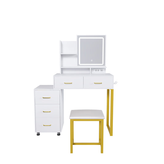 Elegant Makeup Vanity with LED Lights & Power Outlet in White, MDF with Metal Legs, Includes Chair