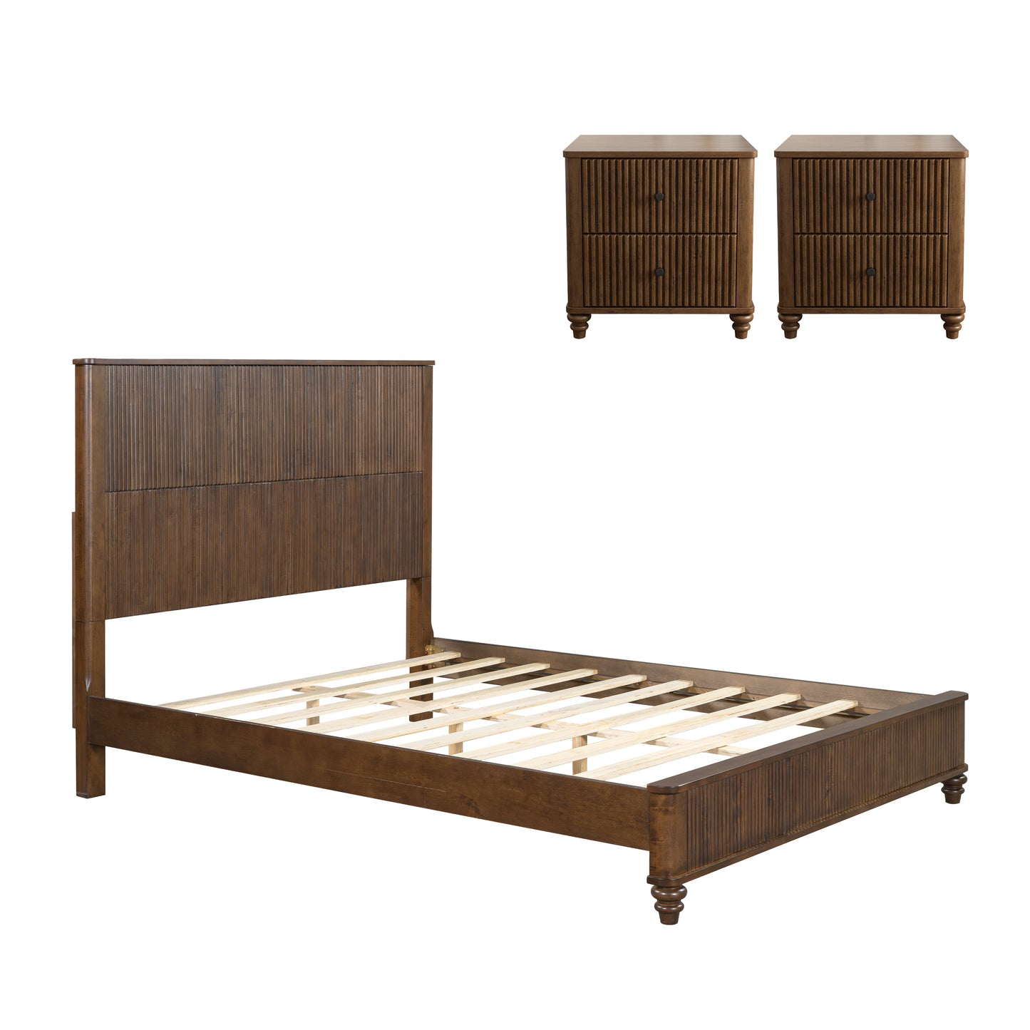 3-Piece Bedroom set with a Queen Size Bed and 2 Nightstands,Walnut Brown