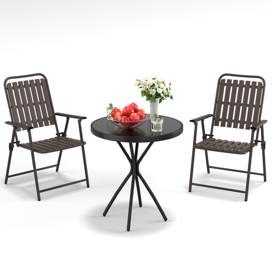 3-Piece Outdoor Patio Furniture Set, Foldable Powder-Coated Metal Chair & Tempered Glass Side Table - 350lb Capacity, Weather-Resistant for Balcony, Garden, Terrace, Brown