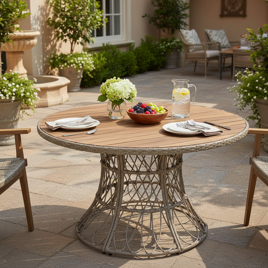 Durable Outdoor Dining Table - Round Acacia Wood Top & Wicker Base, Brown Patio Table for 4 - 6, Garden Outdoor Furniture (Compatible with Matching Chairs)