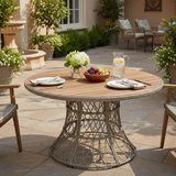 Durable Outdoor Dining Table - Round Acacia Wood Top & Wicker Base, Brown Patio Table for 4 - 6, Garden Outdoor Furniture (Compatible with Matching Chairs)