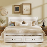King Size Bed with Tall-Panel Headboard & Footboard, 2 Storage Drawers, Built-in LED Lights, USB Charging Station, Pinewood Bed with Strengthened Bed Frame ,White