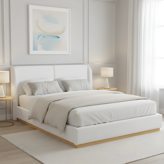 Modern White Bouclé Winged Bed Frame with Enclosed Wood Base, Queen Size