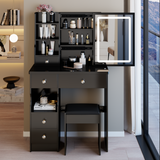 29.2' Small Size Left Drawer Desktop Vanity Table + Cushioned Stool, Large Sliding, Touch Control, Tri-color Switching, Brightness Adjust LED Mirror, High Capacity Storage, Suitable for Small Space