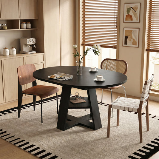 43.3in-59in Extendable Round Dining Table for 4-8,Modern Kitchen Oval Dining Table with Removable Leaves Space Saving,Wood Base with Storage Shelf for Kitchen Living Room (Black)