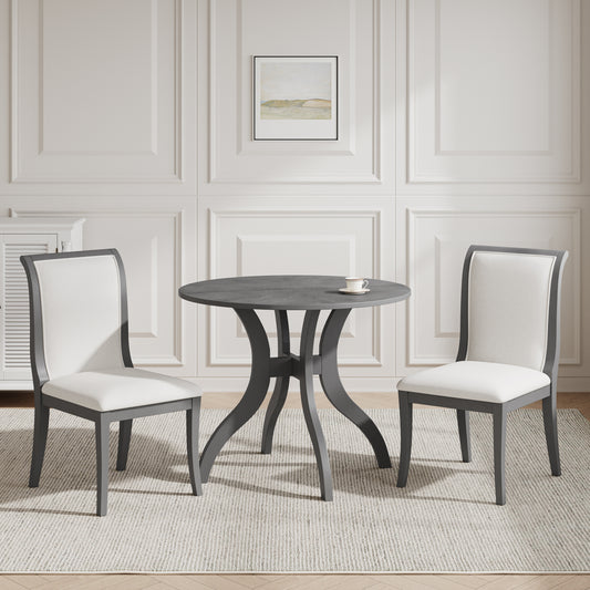 Oak Gray Dining Table Set:39.4' Round Table + 2 Chairs - Traditional Solid Wood Kitchen Set with Inlaid Tabletop, Elegant Curved Legs for Dining Room