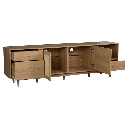 Boho TV Stand for 65 75 85 Inch TV with Real Rattan Doors, Modern Wood Media Console in Natural Finish, 76.6'' L x 15.7'' W x 23.6'' H