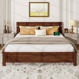 King Size Bed with Tall-Panel Headboard & Footboard, Built-in LED Lights, USB Charging Station, Pinewood Bed with Strengthened Bed Frame ,Walnut