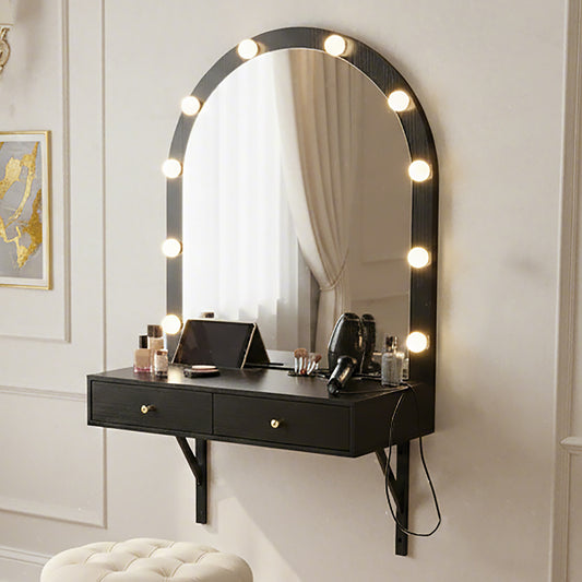 Floating Wall Mounted Makeup Vanity Desk with LED Mirror 3 Color Lights, Compact Dressing Table with Power Outlet & USB Charging, Space Saving Large Storage Vanity for Bedroom Bathroom, Black