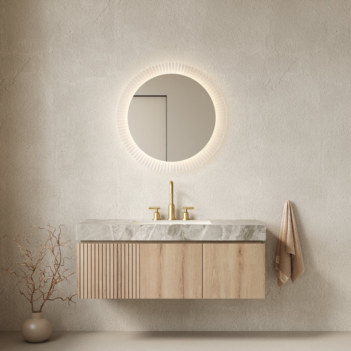 MURI 48' Bathroom Vanity&Sink, Floating Plywood Storage Cabinet with Drawer&Doors, Light Gray Sintered Stone Top&Ceramic Basin with 3 Pre-drilled Faucet Holes, Pre-assembled, White Oak Woodgrain Color