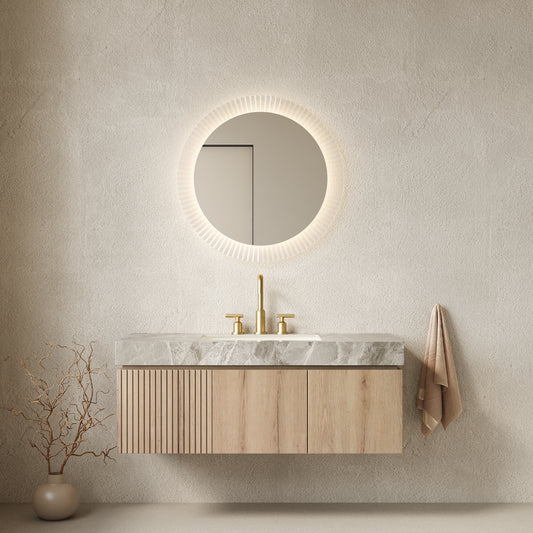 MURI 48' Bathroom Vanity&Sink, Floating Plywood Storage Cabinet with Drawer&Doors, Light Gray Sintered Stone Top&Ceramic Basin with 3 Pre-drilled Faucet Holes, Pre-assembled, White Oak Woodgrain Color