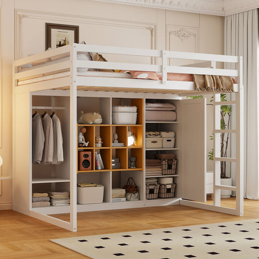 Full Size Wood Loft Bed with Wardrobe, shelves and  Cabinet, White+Yellow