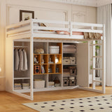 Full Size Wood Loft Bed with Wardrobe, shelves and  Cabinet, White+Yellow